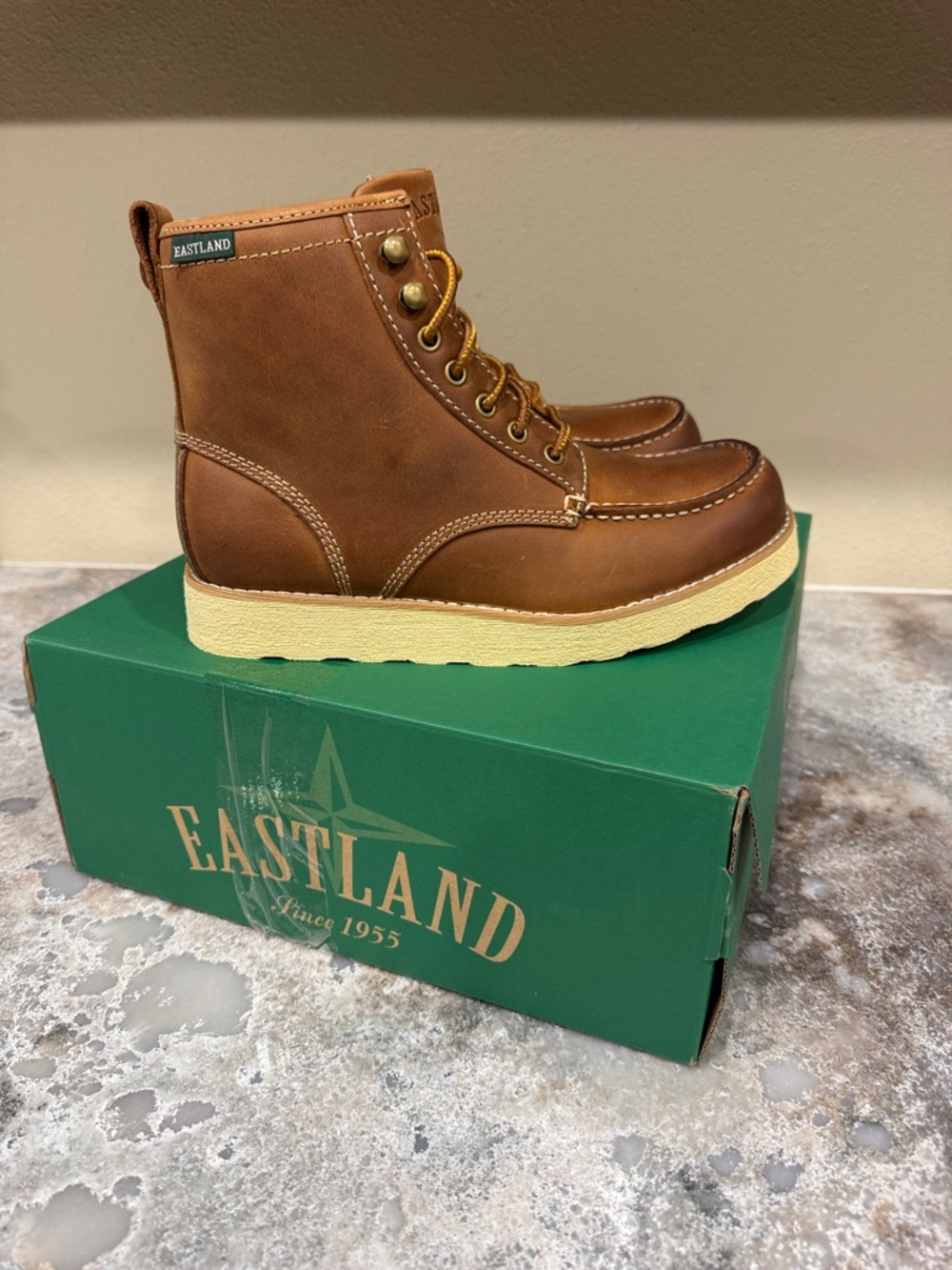 Eastland Tan Brown Leather Moc Toe Work Boots with Cream Outsole - Picture 2 of 5